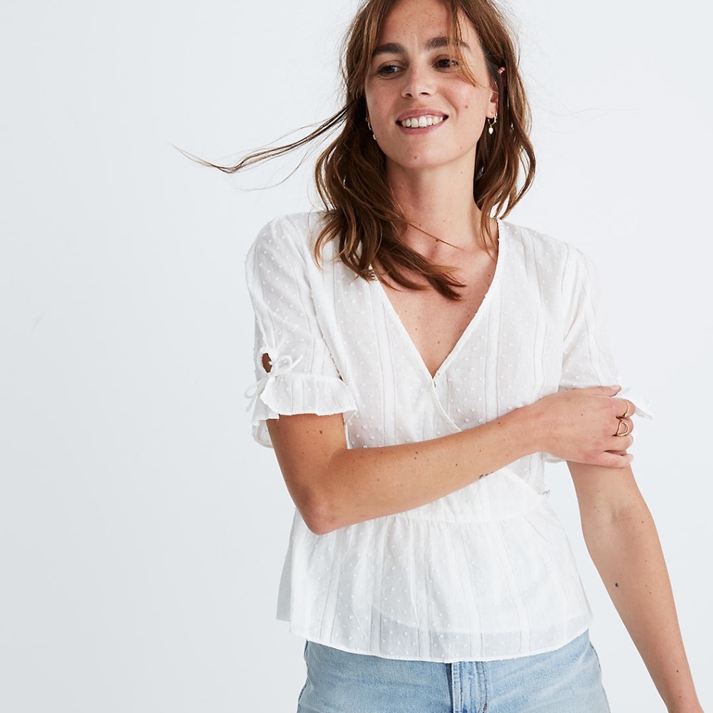 Madewell Tie-Sleeve Wrap Top in Swiss Dot in White